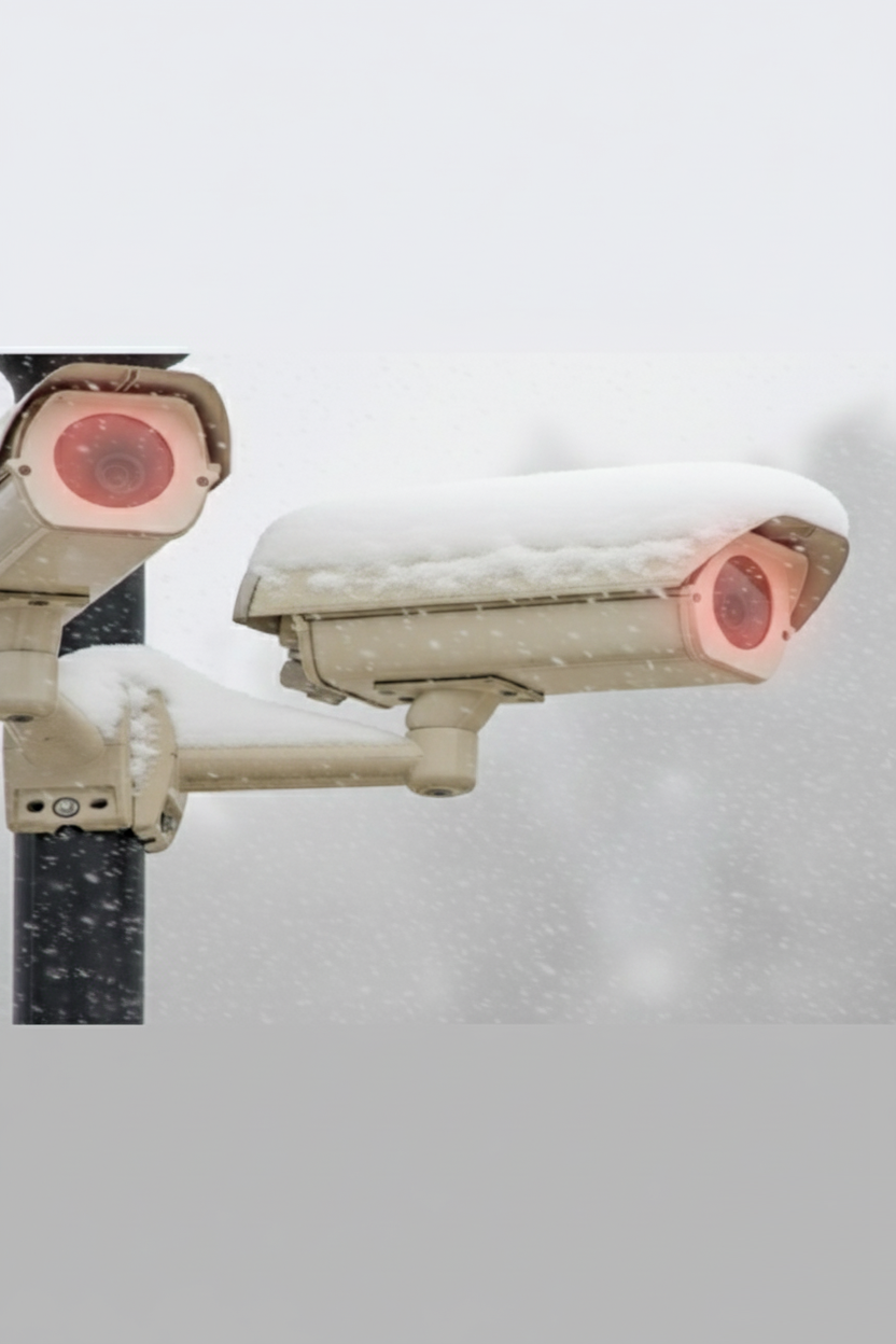 雪地戶外監控設備，內部電熱片在低溫環境啟動恆溫控制，防止鏡頭結冰，確保設備穩定持續運作，提升產品可靠性