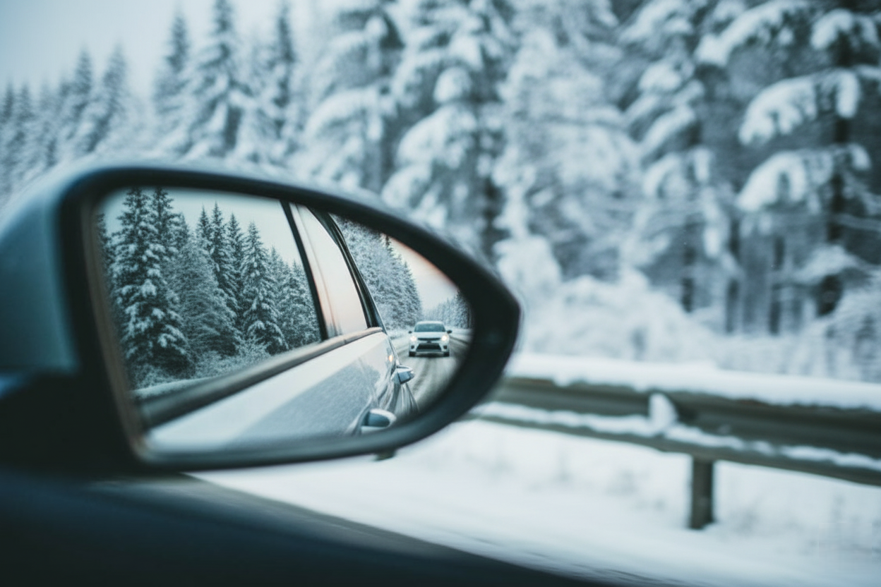 雪地中清晰的汽車後視鏡影像，使用電熱片或溫控模組進行恆溫加熱，有效防止鏡面結冰或起霧，提升車輛在低溫環境中的行車可靠性